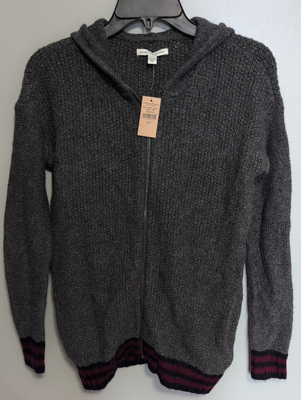 American Eagle Outfitters Charcoal Gray Hooded Zip Sweater with Burgundy Trim